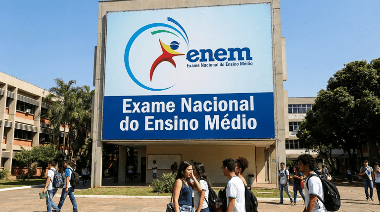 Jovens estudantes circulam em frente a painel do ENEM com logo e texto "Exame Nacional do Ensino Médio".