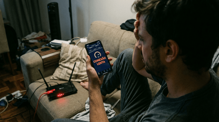 Homem frustrado segura celular mostrando "Conexão Lenta" ao lado de roteador com LEDs vermelhos acesos.