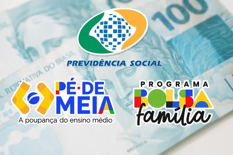 Logos do INSS, Pé-de-Meia e Bolsa Família aparecem sobre fundo de dinheiro desfocado, indicando pagamentos liberados em maio.
