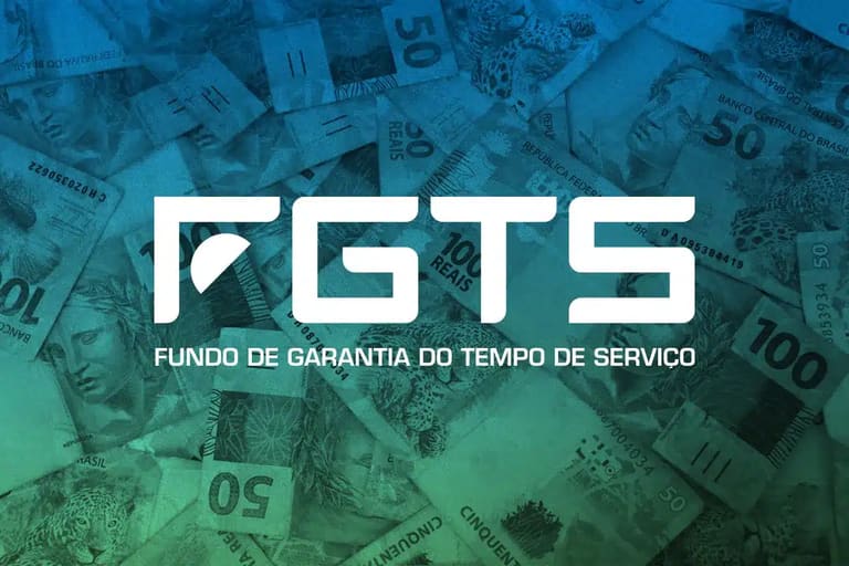 Logotipo do FGTS sobre notas de real representando a liberação do recurso para trabalhadores demitidos que aderiram ao saque-aniversário