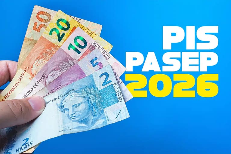 Notas de dinheiro brasileiro em destaque com chamada para PIS/Pasep 2026, representando a liberação desta semana.