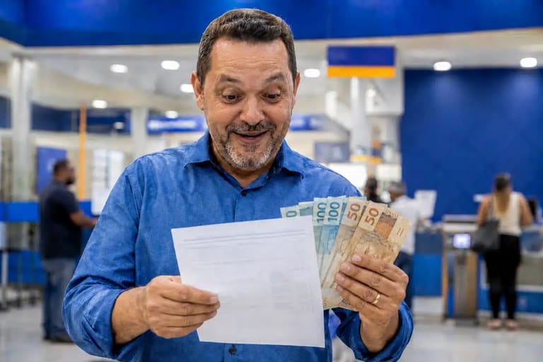 Homem sorrindo, segurando dinheiro e documento em agência bancária, representando pagamento da restituição do Imposto de Renda nesta sexta-feira (29).
