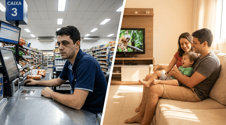 Comparação entre homem trabalhando em caixa de supermercado e casal brincando com criança na sala.