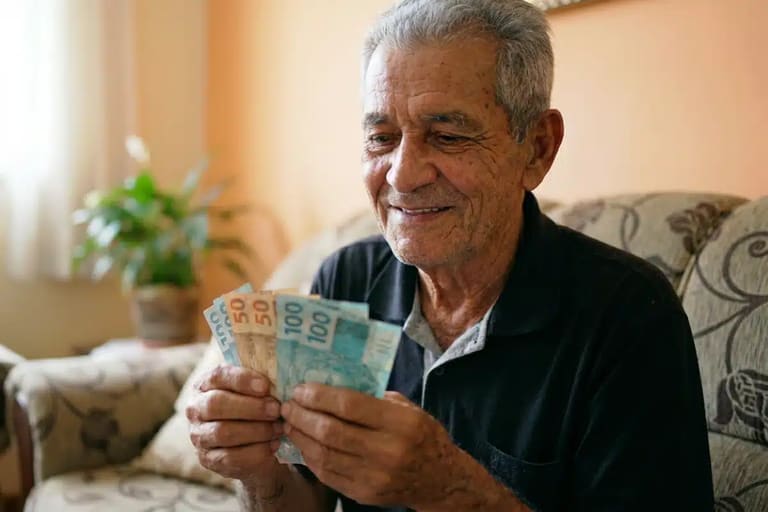 Aposentado brasileiro segurando notas de dinheiro em casa, em referência à nova rodada de pagamentos do INSS, com valores de R$ 8.475,55.