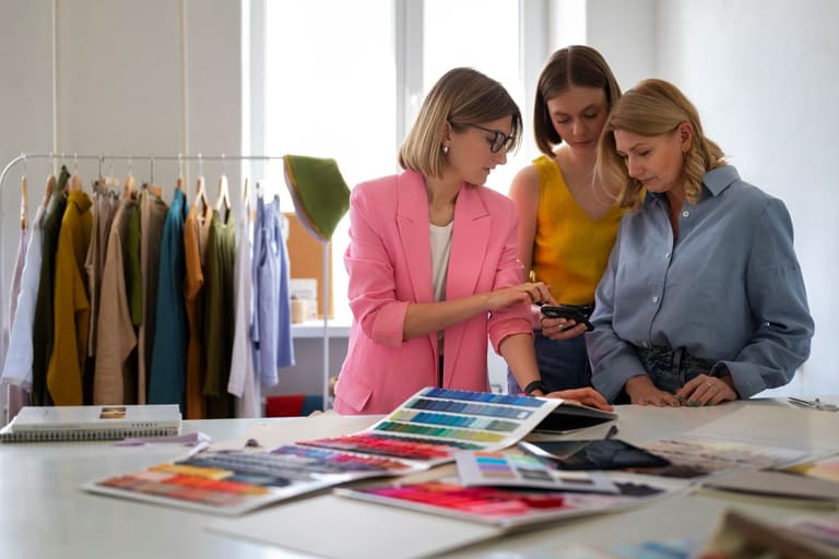 Profissionais analisam paleta de cores em estúdio de moda, representando carreiras ligadas ao universo de O Diabo Veste Prada 2.
