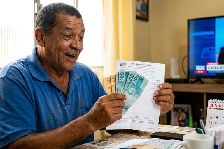 Segurado do INSS segurando dinheiro e extrato de pagamento, em referência à liberação de benefícios de R$ 8.475,55 e valor extra em junho