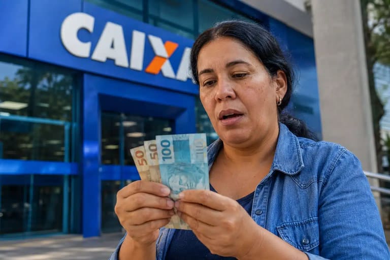 Mulher conferindo notas de R$ 50 e R$ 100 em frente a uma agência da Caixa, representando o pagamento de R$ 1.128,01.