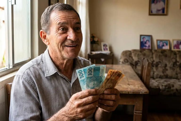 Aposentado segurando cédulas de dinheiro, representando o pagamento extra de R$ 810,50 do INSS.