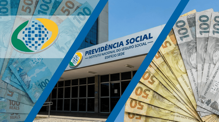 Montagem em três faixas diagonais com cédulas de cinquenta e cem reais, o logotipo da Previdência e a fachada do edifício-sede do INSS