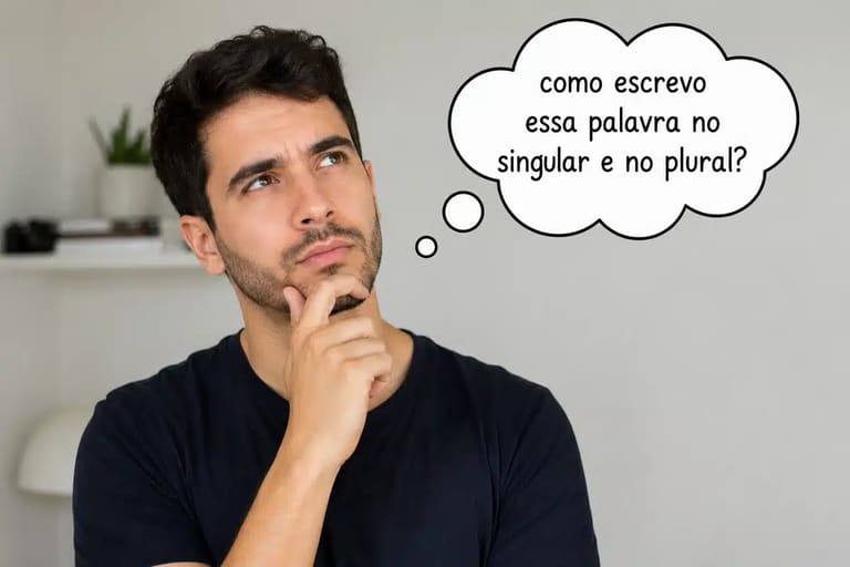Pessoa pensativa com balão de pensamento sobre palavras que têm a mesma forma no singular e no plural.