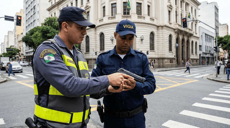 Agente de trânsito com colete amarelo e vigilante com boné azul examinam pistola em cruzamento urbano.