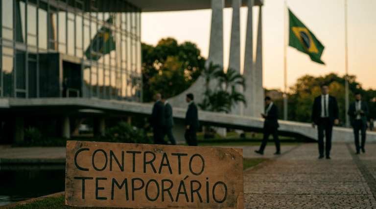 Placa de madeira com a inscrição contrato temporário em primeiro plano diante de prédio público e bandeiras do Brasil ao fundo