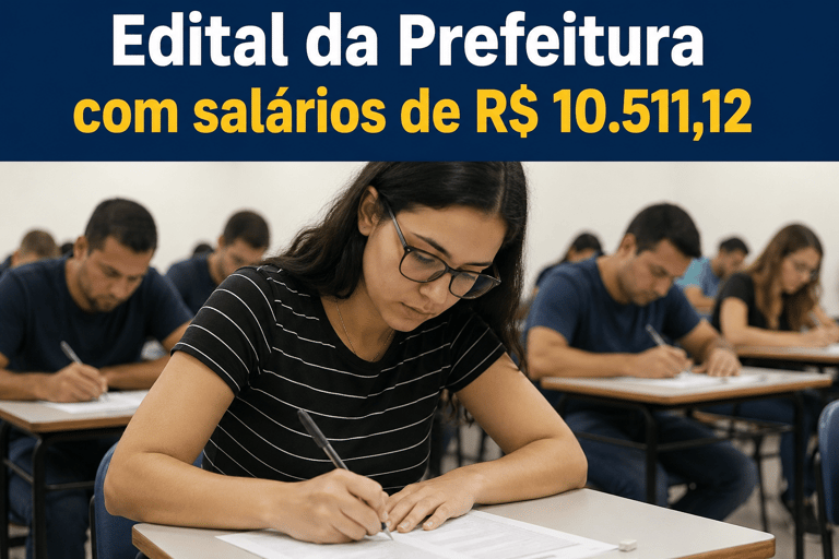 Candidatos sentados em sala realizando prova de concurso público, jovem de óculos e camiseta listrada em destaque.