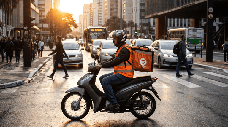 Motoboy com colete e bag laranja da Rappi em Honda Biz atravessa cruzamento no trânsito de SP ao entardecer.