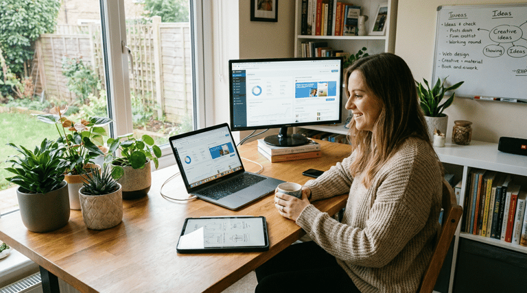 Mulher sorridente segura caneca enquanto trabalha em mesa com laptop, monitor, tablet e plantas decorativas.