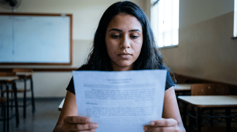 Jovem mulher de cabelos pretos longos segura folha com texto impresso em sala de aula com carteiras ao fundo.
