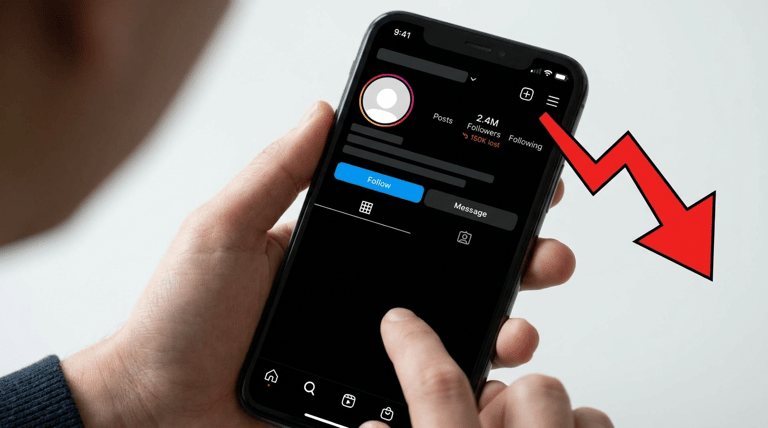 Mão segurando smartphone com perfil do Instagram mostrando 2,4M seguidores e alerta de 150K lost em vermelho.