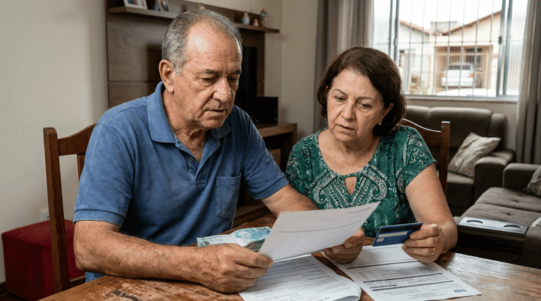 Casal de idosos analisa contrato de empréstimo com cédulas e cartão sobre mesa de madeira