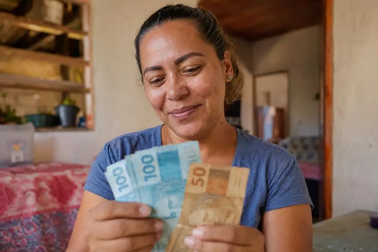Mulher brasileira segura notas de real dentro de casa, representando o saque do Bolsa Família de maio para beneficiários com NIS final 9.
