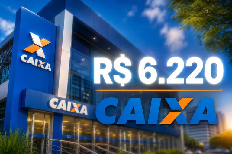 Agência da CAIXA com destaque para saque de R$ 6.220, representando o valor disponível em maio.