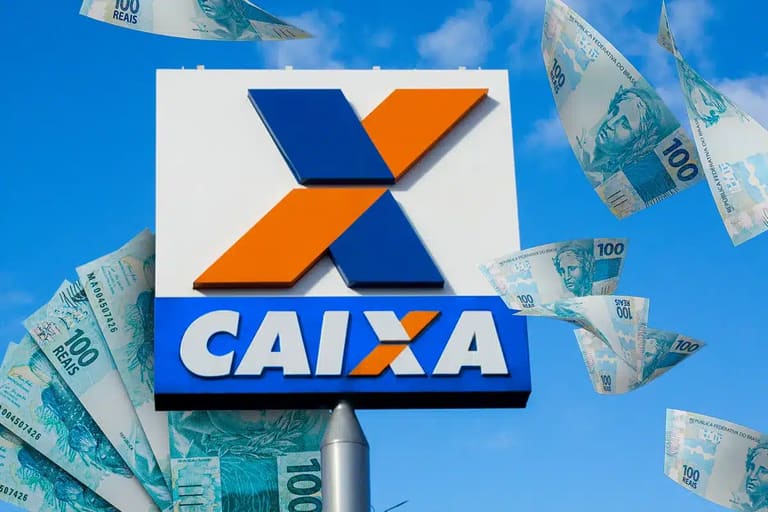 Logo da CAIXA em destaque com notas de R$ 100 ao fundo, ilustrando saque de R$ 6.220 para moradores da Bahia e Minas Gerais.