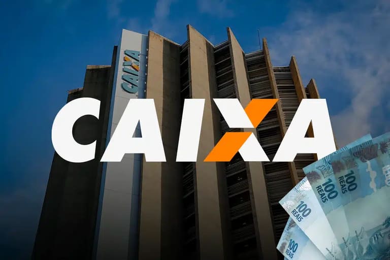 Fachada de prédio da CAIXA com cédulas de R$ 100 em destaque, representando o saque de R$ 6.220 autorizado para novos brasileiros.