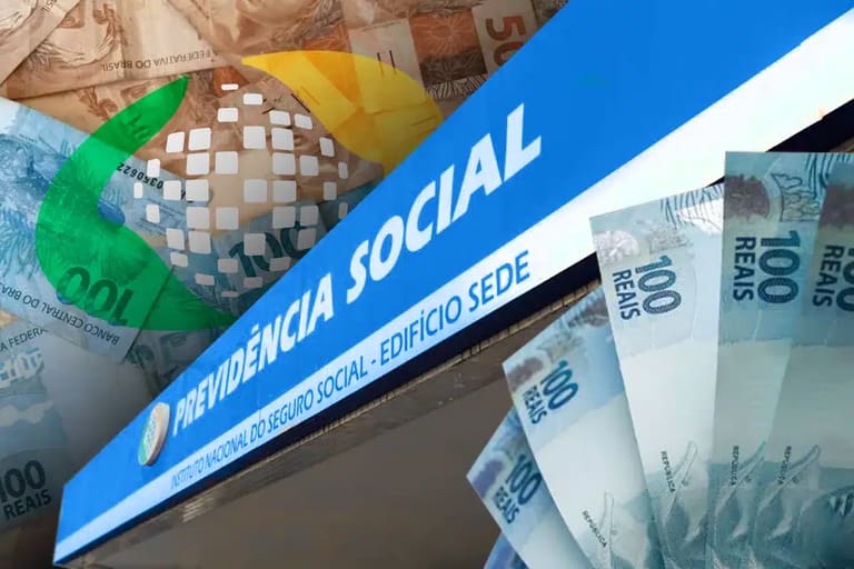 Fachada da Previdência Social com notas de dinheiro ao fundo representando o pagamento da segunda parcela do 13º do INSS