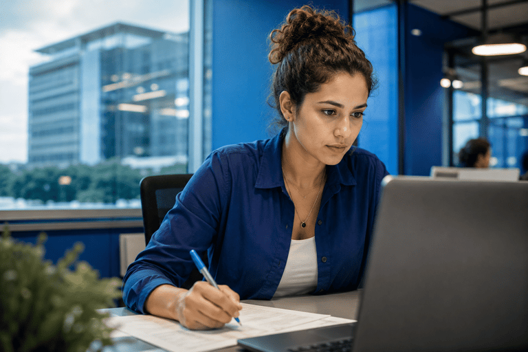 Mulher jovem de cabelos cacheados presos escreve em documento enquanto olha laptop em escritório com vista para prédios.