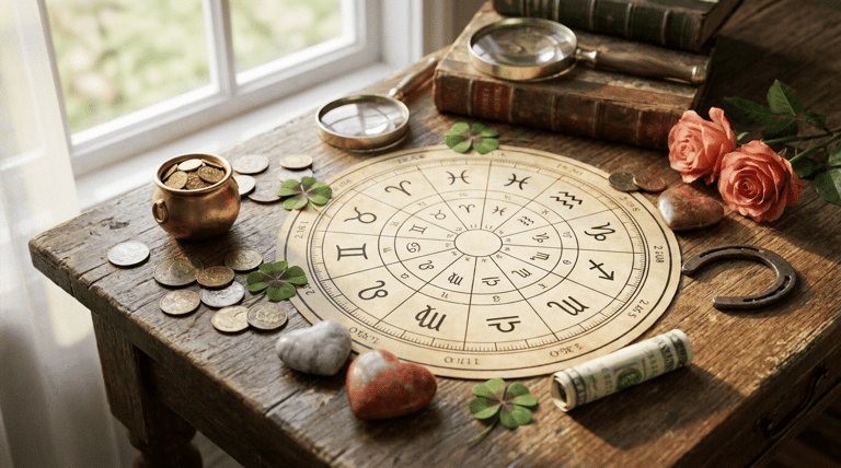 Mapa astral com símbolos zodiacais cercado por trevos, ferradura, moedas, vaso dourado e rosas sobre mesa de madeira.