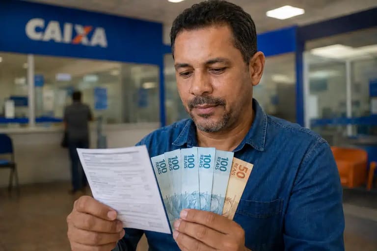 Homem segurando dinheiro e documento em agência da Caixa, representando o pagamento do ressarcimento do PIS/Pasep em julho.