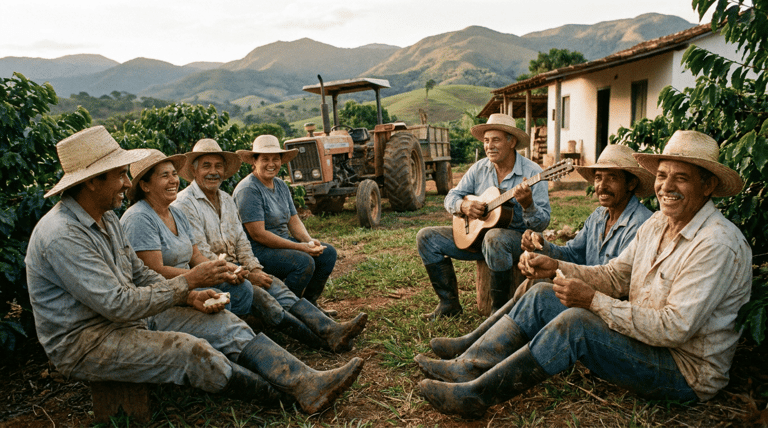 Sete trabalhadores com chapéus de palha sentados em círculo, um toca violão, em plantação de café com montanhas ao fundo.