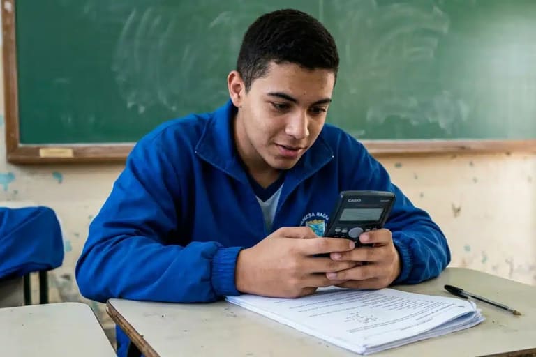 Estudante usando calculadora científica durante atividade escolar relacionada às regras do Enem 2026
