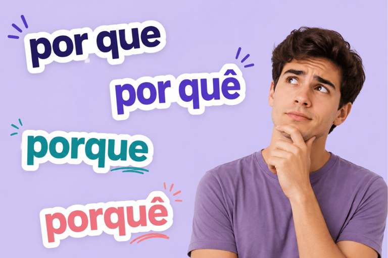 Jovem de camiseta lilás com mão no queixo ao lado das palavras por que, por quê, porque e porquê