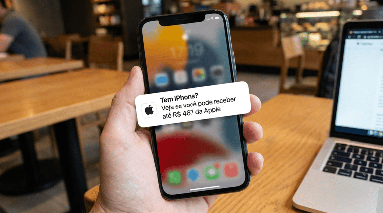 Mão segura iPhone exibindo notificação sobre indenização de R$ 467 da Apple em cafeteria.
