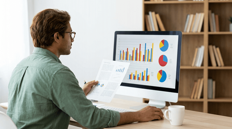 Profissional analisa gráficos e relatórios em escritório moderno.