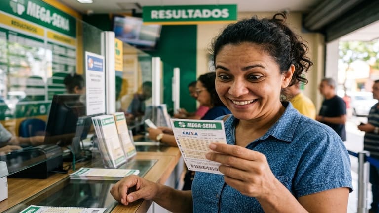 Mulher sorridente segura volante da Mega-Sena em casa lotérica com placa "Resultados" ao fundo
