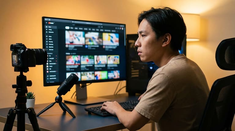 Homem jovem asiático grava vídeo diante de monitor exibindo YouTube, microfone e câmera em mesa escura.