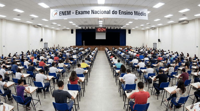 Centenas de estudantes fazem o Exame Nacional do Ensino Médio sentados em fileiras num auditório amplo.