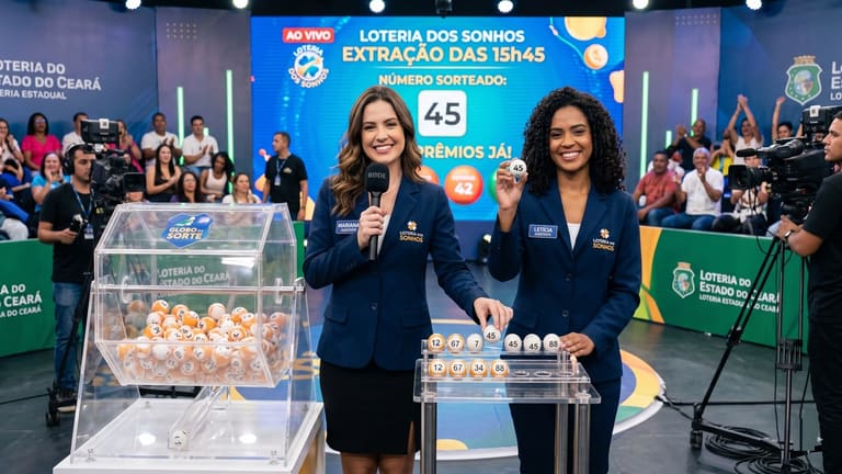 Apresentadoras mostram bola 45 durante sorteio ao vivo da Loteria dos Sonhos no Ceará