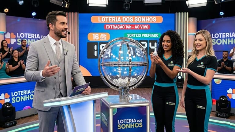 Apresentador e duas assistentes mostram a bola 24 no sorteio ao vivo da Loteria dos Sonhos às 14h