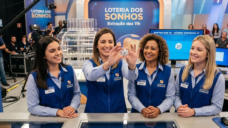 Quatro apresentadoras sorrindo, uma exibe a bola sorteada número 37 da Loteria dos Sonhos