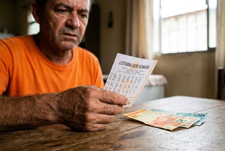 Homem idoso de camiseta laranja segura bilhete da Loteria dos Sonhos com notas de real na mesa