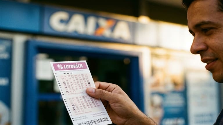 Homem sorridente segura bilhete da Lotofácil com dezenas marcadas diante de agência da Caixa Econômica Federal