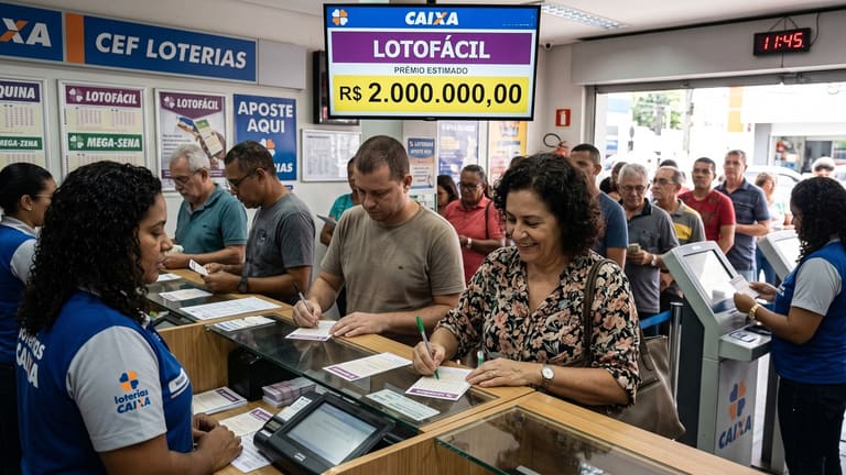 Grupo de pessoas preenchendo apostas da Lotofácil em lotérica da Caixa, com destaque para prêmio de 2 milhões