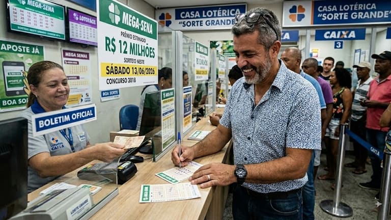 Homem sorridente aposta na Mega-Sena em lotérica cheia com cartaz de prêmio de R$ 12 milhões