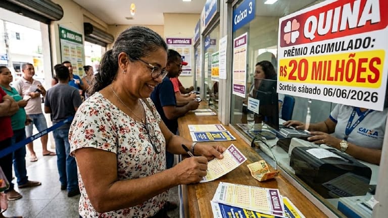 Mulher preenche bilhete da Quina em lotérica, cartaz anuncia prêmio de 20 milhões