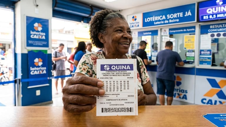 Mulher sorridente exibe bilhete da Quina 7046 em lotérica da Caixa, prêmio de R$ 8,5 milhões