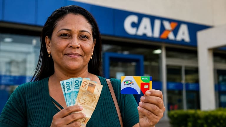 Mulher segura dinheiro e cartão do Bolsa Família em frente a uma agência da Caixa, representando o calendário de pagamentos de junho.
