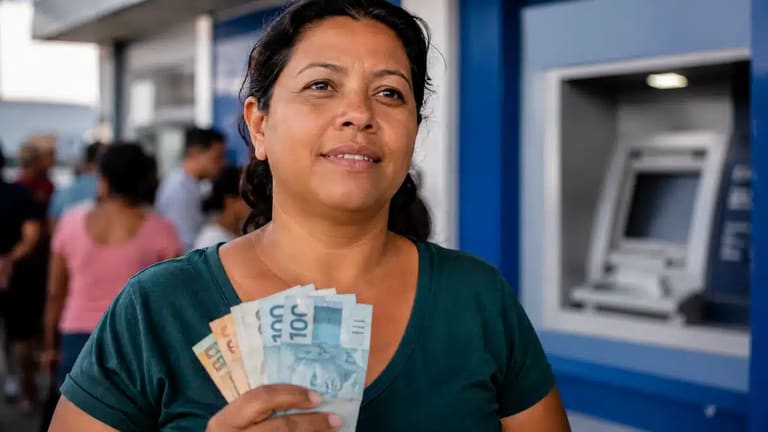 Mulher sorri segurando cédulas de reais diante de agência bancária azul, representando os pagamentos do Bolsa Família em junho.