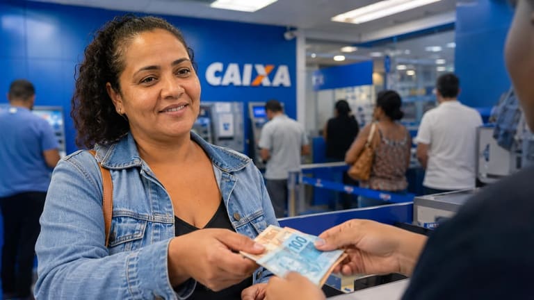 Mulher recebendo dinheiro em agência da Caixa, representando o pagamento de até R$ 1.000 para milhões de famílias brasileiras.